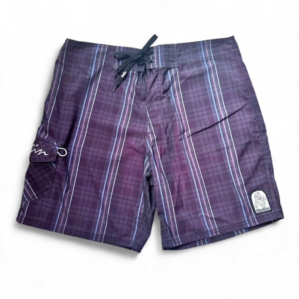 KATIN Men's Board Shorts Brown/Blue Plaid Sz 36 Swim Surf Beach Unlined